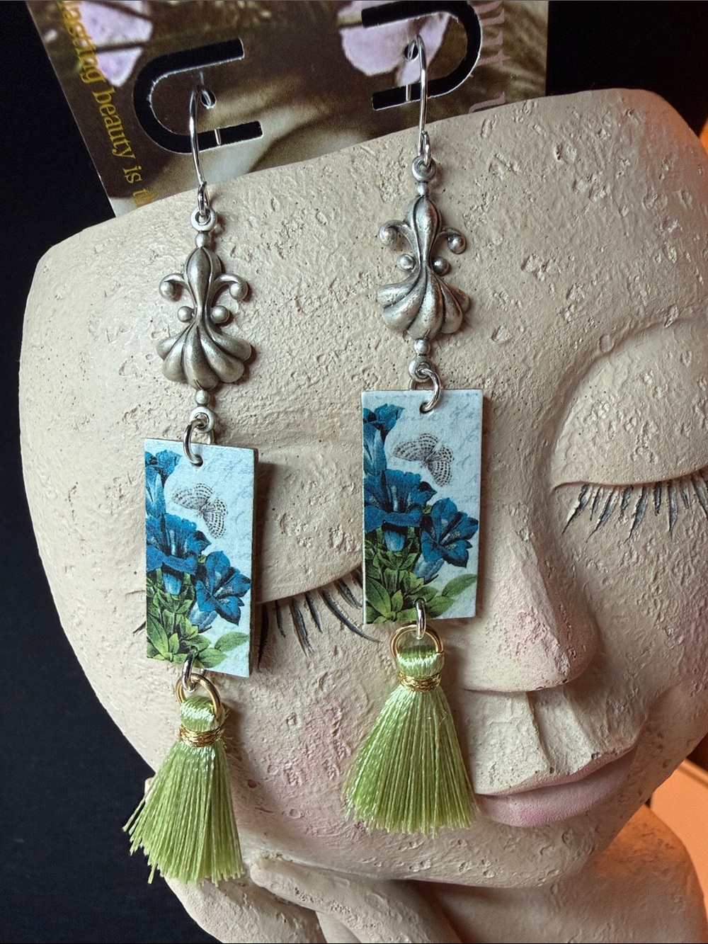 Handcrafted Green Tassel Floral artboard Rectangle Dangle Earrings